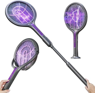 Elektrische vliegenmepper, roterende kop, 2-in-1 oplaadbare elektrische vliegenmepper, BugZapper, insectenzapper, vliegenvanger, FlyZapper-racket met telescopische verlenging (79-106 cm)