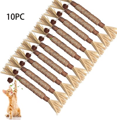 ECTEATOY® 10 Stuks Stokjes Voor Katten - Kattenspeelgoed - Kauwstokjes - 23 cm lengte - Kattenspeeltje - Speelgoed met kattenkruid - Katten - Kattenspeelgoed - Stokvormig kattenspeelgoed - Kauwspeelgoed voor katten en kittens - Houtkleur