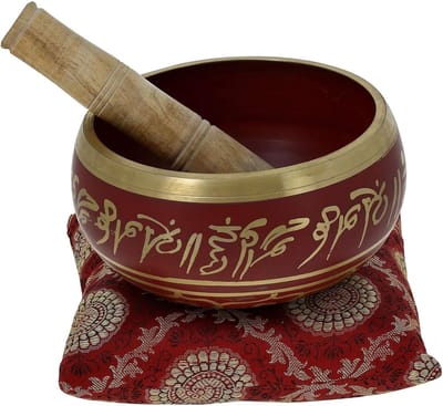 Prachtige rode Tibetaanse boeddhistische zingende kom met stok en kussen - ideaal voor meditaties en geluidsgenezing - 5 Inch