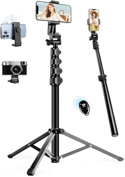Famanu – Telefoonstatief 178 cm met afstandsbediening en universele houder, geschikt voor smartphones en lichte camera’s