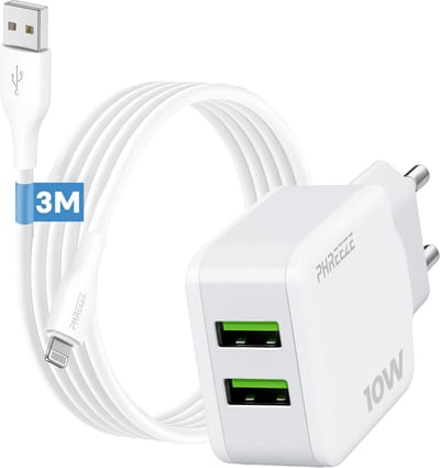 Phreeze usb oplader geschikt voor iPhone 14 13 12 11 X XR XS Max Pro Mini Plus en iPad met Lightning kabel - 10 W dubbele usb adapter - 3 meter