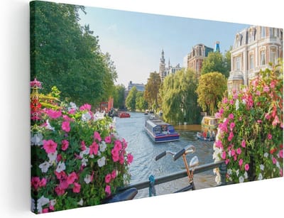Artaza Canvas Schilderij Amsterdam - 40x20 cm - Klein - Wanddecoratie Grachten - Muurdecoratie Bloemen - Schilderijen Op Canvas Fiets