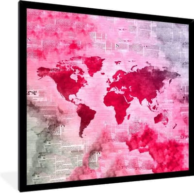 Poster in lijst - Fotolijst 40x40 cm - Posters - Wereldkaart - Kranten - Roze - Posterlijst zwart - Decoratie - Wanddecoratie woonkamer - Muurdecoratie slaapkamer