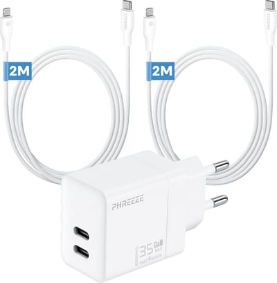 Phreeze usb C adapter 35w geschikt voor iPhone en iPad - Met Lightning kabel - Power Delivery snellader met 2 kabels 2m