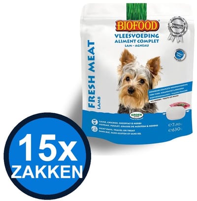 15x Biofood - Vleesvoeding Compleet Kip & lam Zak Multipack - Hondenvoer Droogvoer - 630 g