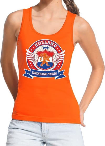 Holland drinking team tanktop / mouwloos shirt / tanktop / mouwloos shirt oranje dames - Koningsdag / supporters kleding S