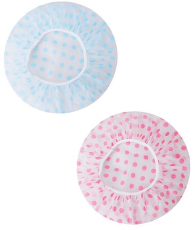 Set van 2 douchemutsen transparante douchekappen met stippen – waterdichte badmutsen met elastische rand – roze en blauwe variant – herbruikbare douche accessoires voor dames en heren