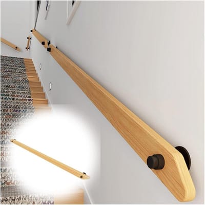 Houten trapleuning voor trappen, 30 cm beukenhouten trapleuning voor binnen, met sterke zwarte smeedijzeren houders, wandmontage, trapleuning voor trappen