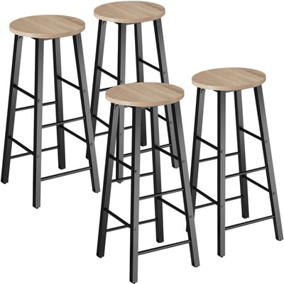 tectake® Barkruk - Ronde Bistrokruk - Set van 4 - Barkrukken - Vintage Barstoel met Voetsteun - Zitting van MDF-hout - Industrieel design - Eetkamerstoelen - Barstoelen - Draagkracht kruk 120 kg - Afmeting (LxBxH) 31 x 31 x 72,5 cm - Lichtbruin