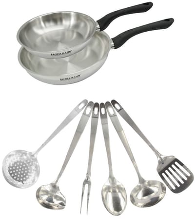 Set 2 pannen 20 en 24 cm roestvrij staal en 6 roestvrijstalen keukengerei Fackelmann Geneva