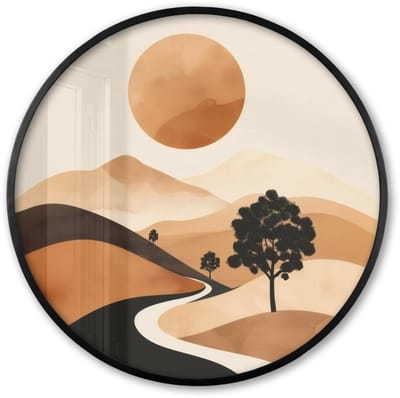 Poster in lijst Rond - Fotolijst 60x60 cm - Posters - Zon - Heuvels - Boom - Abstract - Ronde posterlijst zwart - Decoratie - Wanddecoratie woonkamer - Muurdecoratie slaapkamer