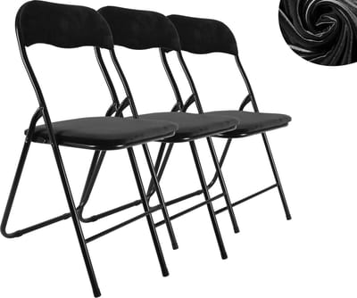 Klapstoel Zwart Fluweel – Set van 3 – Inklapbare Stoelen – Opvouwbare Stoel – Belastbaar tot 120 kg – Zithoogte 43 cm – Metalen Frame – Extra Zitplaats