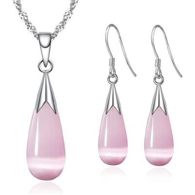 Pure Sieradenset Eenvoudig 925 Sterling Zilver Kleur Wit Roze Waterdruppel Opaal Kattenoogsteen Hanger Ketting/Haakoorbellen/Ketting white