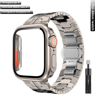 【Voordeelbundel】Stravo Ultra-look set voor Apple Watch 44mm (Series 4/5/6, SE 2025/2022/2020) – RVS metalen bandje + beschermhoes met glas + bandinkorter – Titaniumkleur