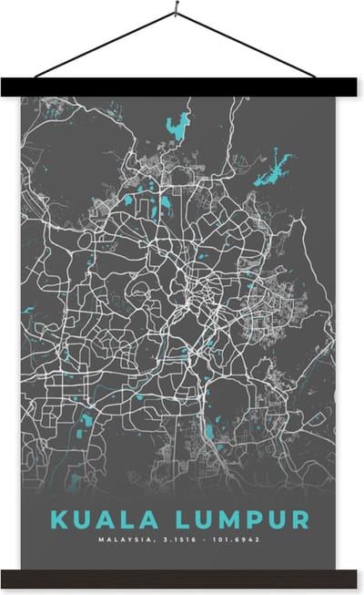 Posterhanger incl. Poster 40x60 cm - Schoolplaat - Kuala Lumpur - Stadskaart - Plattegrond - Kaart - Blauw - Textielposter - Zwarte latten - Stadskaart