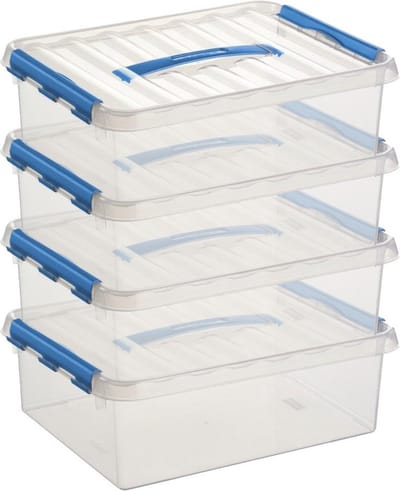4x sunware q-line opberg box/opbergdoos - 10 liter - 40 x 30 x 11 cm - kunststof - opslagbox - transparant/blauw
