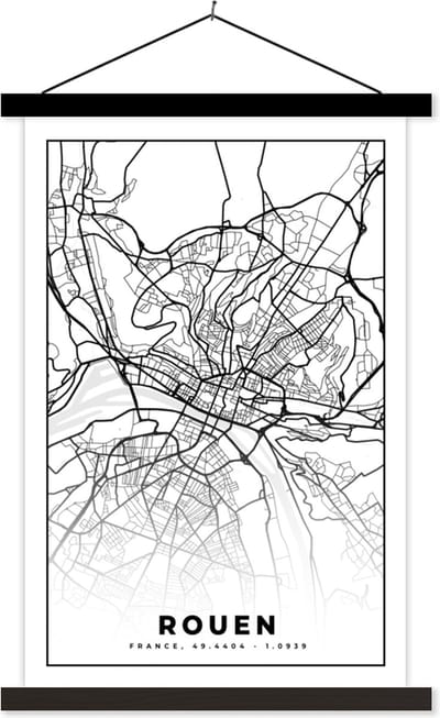 Posterhanger incl. Poster 40x60 cm - Schoolplaat - Frankrijk - Rouen - Kaart - Plattegrond - Stadskaart - Zwart wit - Textielposter - Zwarte latten - Stadskaart