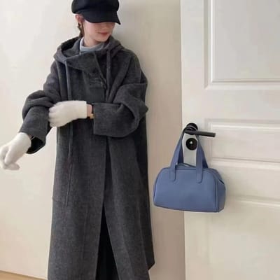 Kasjmier jas met capuchon in Koreaanse stijl, lang model, dubbelzijdig, voor dames, dikke wollen jas met hoornknoop M gray
