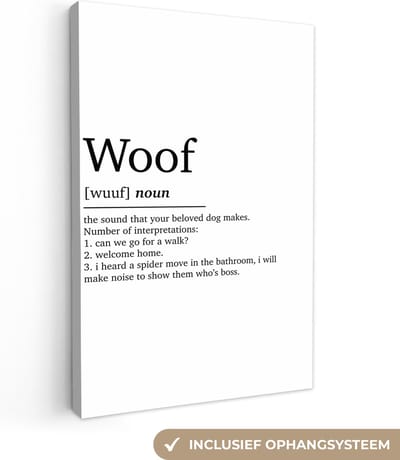 Canvas Schilderij Spreuken - Quotes - Woof - Woordenboek - Woef definitie - 20x30 cm - Wanddecoratie
