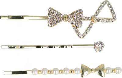Haarsoires Haarspeld Schuifspeldjes 5cm - Dubbele Strik Strass Parel - Goud - Set van 3 - Haarklem - Haarclip - Haaraccessoires voor Dames & Kinderen - Hair Clip - Decoratieve Haaraccessoire