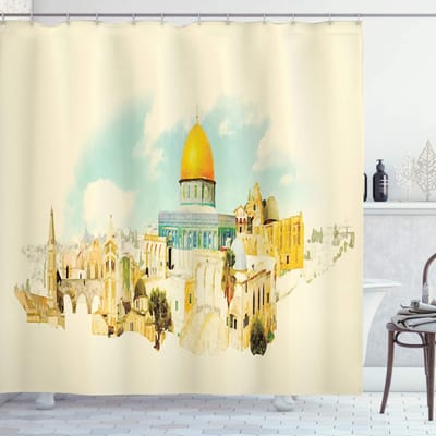 ABAKUHAUS Jeruzalem Douchegordijn – Silhouet Schilderkunst – Badkamerdecor 175x240 cm – waterafstotend, wasmachinebestendig, multicolor
