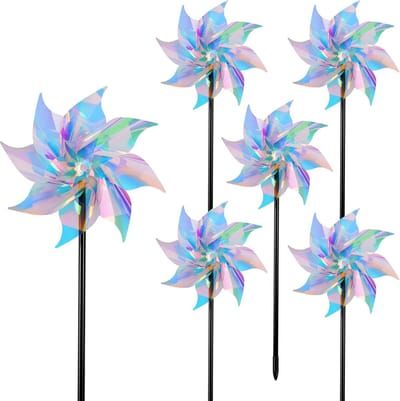 Vogelafweer-windmolens, 6 stuks, reflecterende windmolens, vogelverschrikker, vogelafweer, geschikt voor balkon, tuin, fruittuin, binnenplaats en dak (transparante regenboogkleuren, diameter: 24