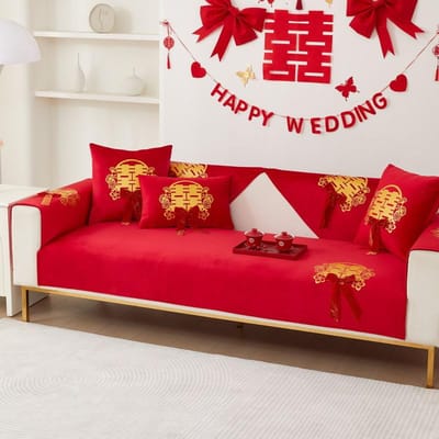 Feestelijk Rood Bruiloft Bankkussen, Universeel Antislip Leren Zitkussen voor Alle Seizoenen, Eenvoudige Moderne Bruiloftskamer Hoes 70*70cm