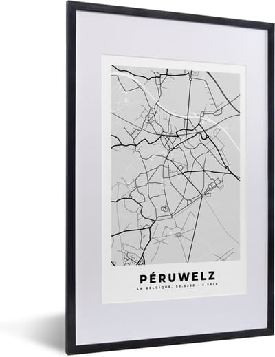 Fotolijst incl. Poster Zwart Wit- Stadskaart – Plattegrond – België – Zwart Wit – Péruwelz – Kaart - 40x60 cm - Posterlijst