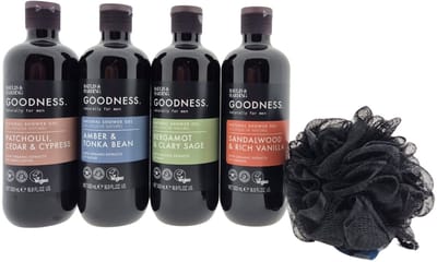 Baylis & Harding Men Douche Cadeauset – 4x Shower Gel in Diverse Geuren met Zwarte Puff – Verzorgingspakket voor Mannen