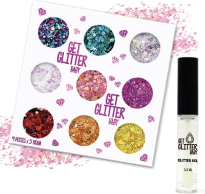 GetGlitterBaby® - 9 potjes Glitter Set Chunky Festival Glitters voor Lichaam en Gezicht Glitterset Tattoo / Bio Biologische Biodegradable Face Body Glitterlijm Set Tattoo en Glitter Lijm HuidLijm / Groen / Zilver / Wit / Roze / Rood / Oranje / Goud