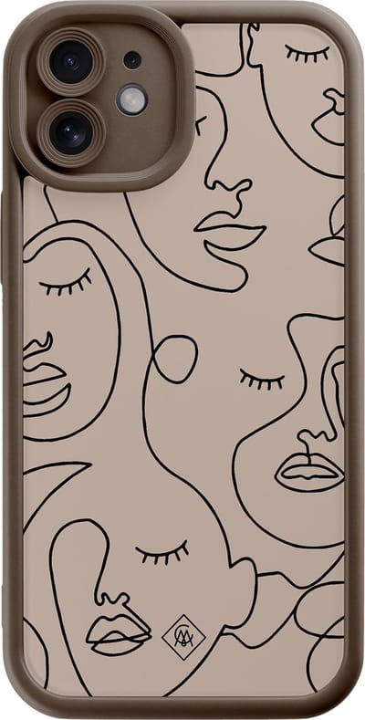 Casimoda® hoesje - Geschikt voor iPhone 12 - Abstract Faces - Effen telefoonhoesje met lensbescherming - TPU - Backcover - Bruin/beige