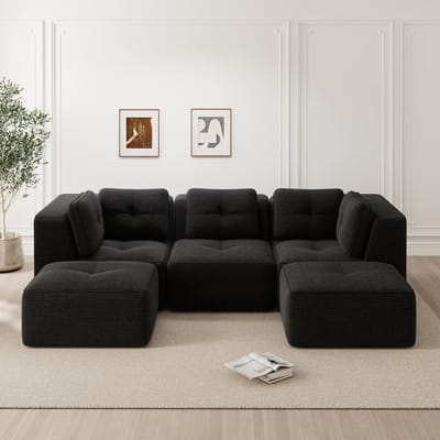 U-vormige hoekbank - modulaire combinatiestoel met voetenbank - voor woonkamer - driezitsbank - diepe zitting - zwart