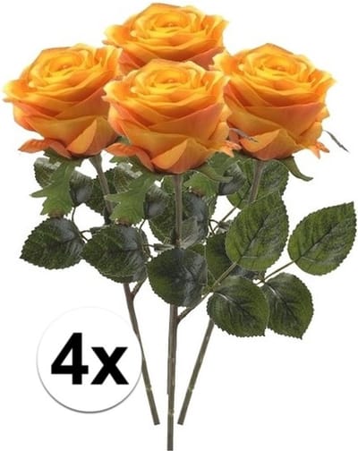 Emerald Kunstbloem roos Simone - 4x - geel/oranje - 45 cm - decoratie bloemen