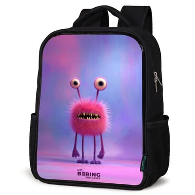 NoBoringSuitcases.com® - Rugzak zwart - Schooltas jongen & meisje - Roze harig monster met grote ogen - Rugtas voor school - Boekentas kind - Schoolrugzak - Kinderrugzak