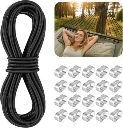 Sterk Elastisch Touw Zwart 6mm x 10m met Aluminium Klemmen voor Tarp, Kamperen en DIY