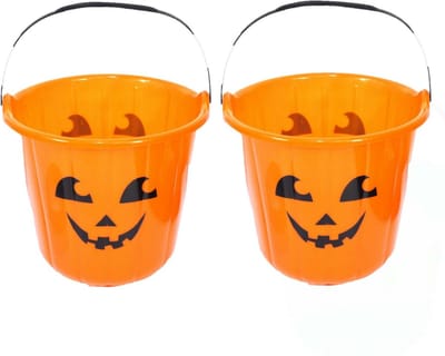 Henbrandt Pompoen snoepemmer - 2x - oranje - 16 x 18 cm - kunststof - handvat - Halloween