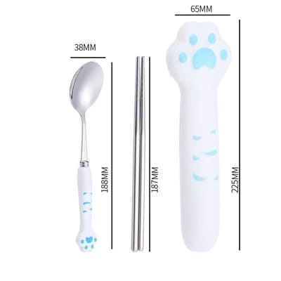 Ensemble de couverts en forme de chat mignon avec cuillère, fourchette, baguettes, dessin animé, pour étudiants, enfants, camping en plein air, vaisselle portable Kawaii white