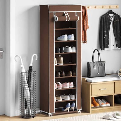 vidaXL - Stoffen - schoenenrek - met - hoes - 162 - x - 57 - x - 29 - cm - bruin