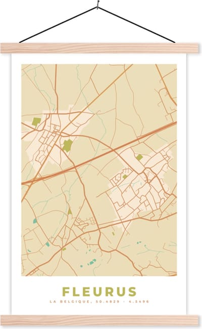 Posterhanger incl. Poster 40x60 cm - Schoolplaat - België - Fleurus - Kaart - Stadskaart - Plattegrond - Textielposter - Blanke latten - Stadskaart