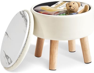 Voetenbank met opbergruimte - Ronde poef - Ontspannen en opbergen - Gestoffeerde zitting - 33H x 33B cm - Beige