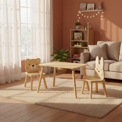 Joylux® Houten Kindertafel met Stoeltje - Beer en Konijn Design - Speelset - 1 Tafel en 2 Stoelen - Voor Peuters & Kleuters