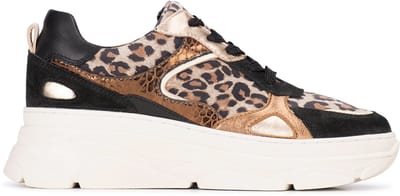 PS Poelman JANA Dames Sneakers - Bruin Met Dierenprint - Maat 38