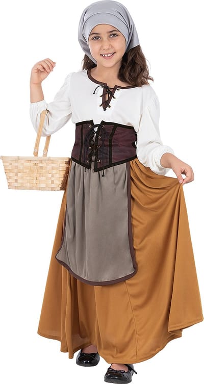 Funidelia | Middeleeuws Boerenkostuum Voor voor meisjes - Middeleeuwse, Middeleeuwen, Boeren, Herbergier - Kostuum voor kinderen Accessoire verkleedkleding en rekwisieten voor Halloween, carnaval & feesten - Maat 107 - 113 cm - Bruin