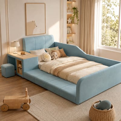 Kinderbed 90x200 cm - Eenpersoonsbed - Gestoffeerd bed - Vloerbed - Met opbergplanken - Met zacht hoofdeinde - Fluweelstof - Met bureau en stoel - Zacht en schokbestendig - Blauw