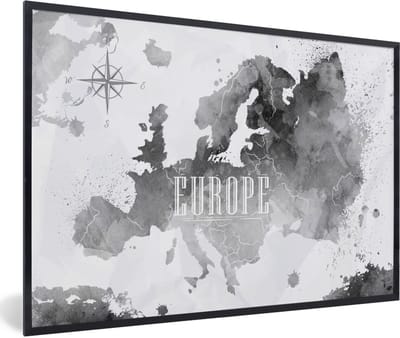 Poster in lijst - Fotolijst 90x60 cm - Posters - Waterverf - Wereldkaart - Zwart - Posterlijst zwart - Decoratie - Wanddecoratie woonkamer - Muurdecoratie slaapkamer