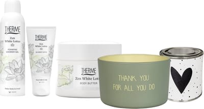 Therme Cadeauset Zen White Lotus Douche & Body Bedankt - Therme Zen White Lotus Shower Foam - Therme Zen White Lotus Body Butter - MyFlame Kaars Thank You For All You Do