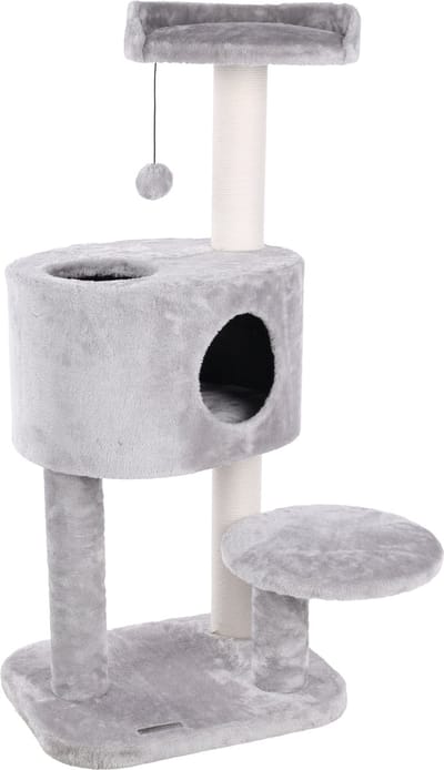 Krabpaal – Flamingo Gatsby Grijs – 65x62,5x109 cm – luxe kattenkrabpaal met gewatteerde ligplaatsen & schuilhuisje – kattenmeubel met katoenen krabtouw & speeltje – stijlvolle kattenboom