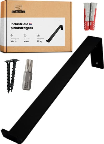 GoudmetHout® Industriële Plankdragers L-vorm - 40 cm - Stalen Plankdrager voor Wandschap, Muurrek of Wandconsole - Max 25 kg - 1 stuk - Mat Zwart