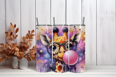 RVS Tumbler Beker 600ml – Giraffe met Bril en Kauwgombal – Thermosbeker met Rietje