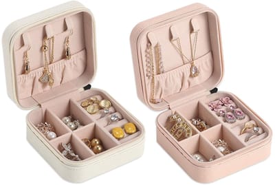 Dailygoods- Sieradenkistje mini - Draagbare Reisjuwelendoos - 2 Compartimenten - Voor Ringen/Oorbellen/Kettingen - Afmetingen 10x10x5 cm - Roze/Wit - Juwelendoos